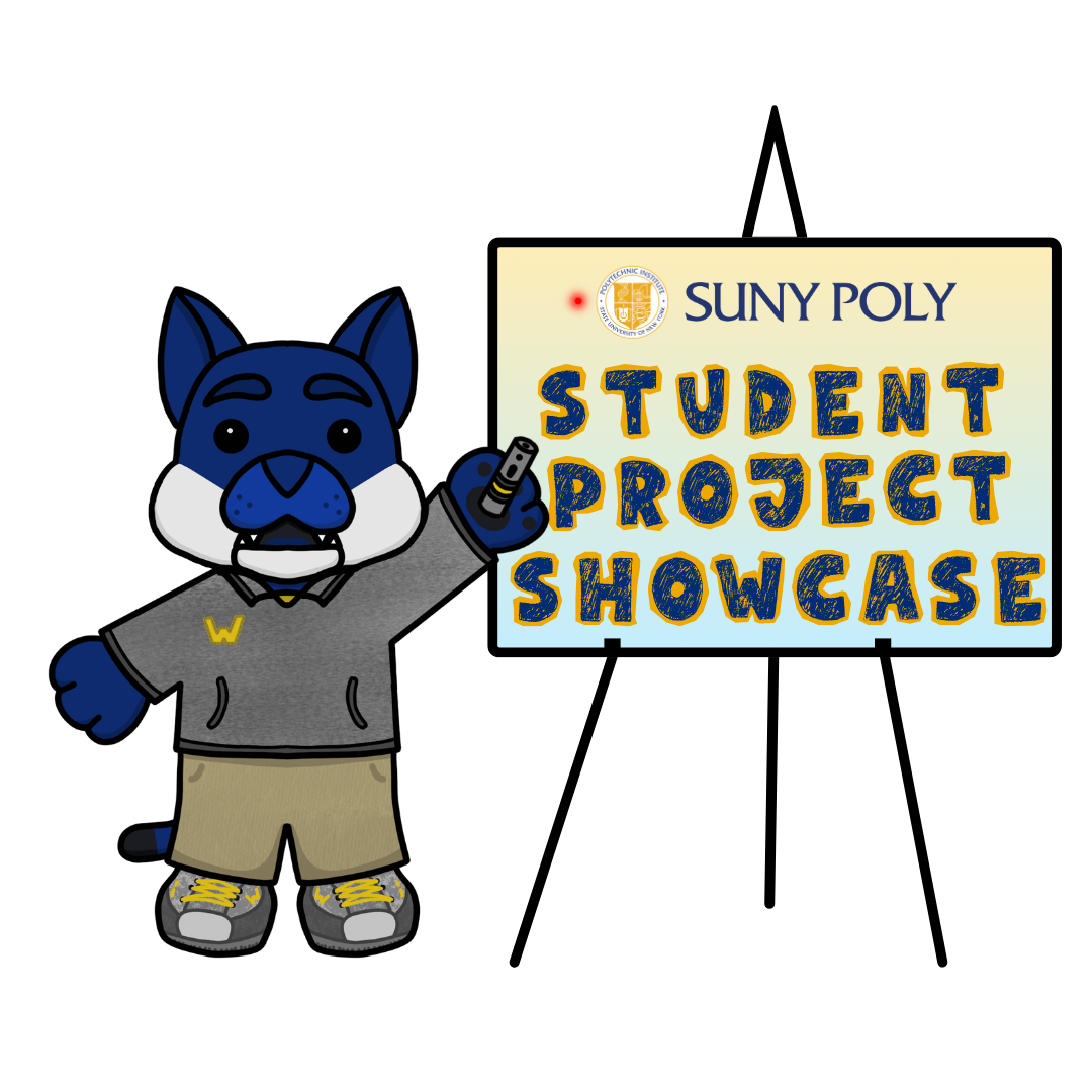 Cartoon mascot Walter point to a poster